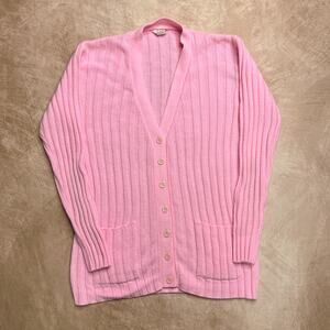 Vintage 60s Starlight Trading Pink Ribbed Cardigan Sweater Retro Preppy Knit